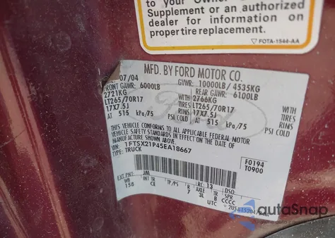 2005 Ford F-250 Lariat/Xl/Xlt from USA, damaged, VIN 1FTSX21P45EA18667